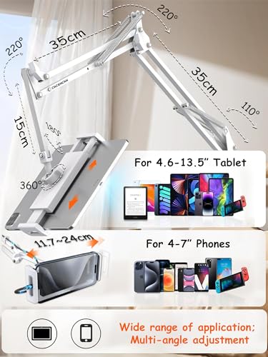 CACENCAN Gooseneck Phone Holder for Bed Desk, Tablet Stand Adjustable, Kindle iPad Holder for Phone Tablet Holder Mount fits iPhone Kindle 4-13" Device Valenties Day Gifts for Women (White) - color: White