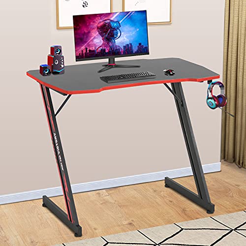 BestOffice Gmaing Desk 35.4in PC Computer Desk Z Shaped Gaming Workstation Ergonomic Gaming Table with Headphone Hook for Home Office, Red - color: Red, size: 35 Inch Z Shaped