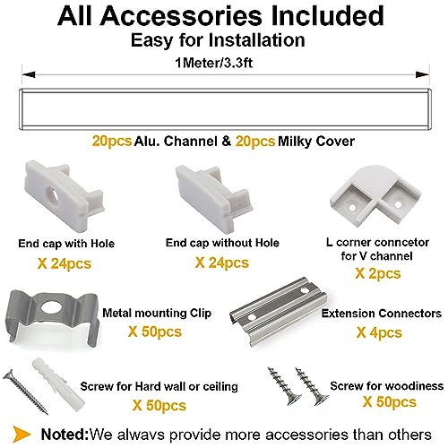 hunhun 20-Pack 3.3ft/1Meter U Shape LED Aluminum Channel System with Milky Cover, End Caps and Mounting Clips, Aluminum Profile for LED Strip Light Installations, Very Easy Installation