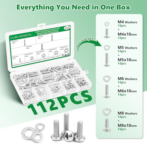 112Pcs TV Mounting Screws, M4 M5 M6 M8 Bolts & Washers Kit,304 SS | Socket Head Bolts Assortment with Flat Washers for Mounting TV Mount, Monitor Arm,Wall Bracket, Rust Resistant, Storage Case