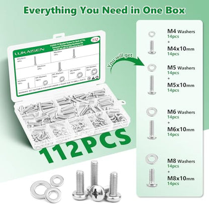 112Pcs TV Mounting Screws, M4 M5 M6 M8 Bolts & Washers Kit,304 SS | Socket Head Bolts Assortment with Flat Washers for Mounting TV Mount, Monitor Arm,Wall Bracket, Rust Resistant, Storage Case