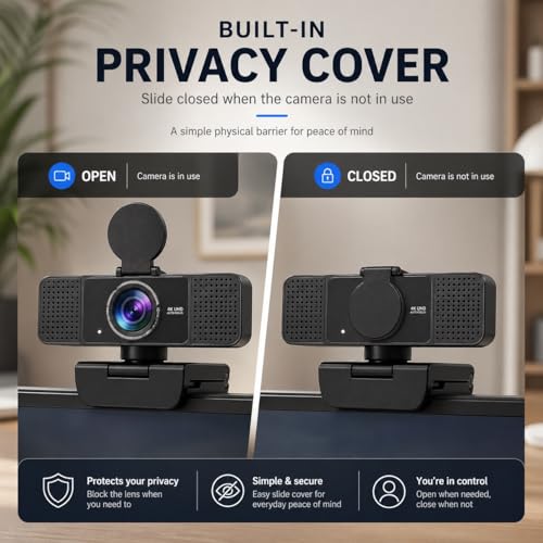 4K Webcam for PC with Dual Microphones,UHD 30fps Web Camera,Autofocus USB Webcam with Privacy Cover,Tripod, Plug & Play Camera for Zoom, Teams, Skype, Streaming, Laptop & Desktop