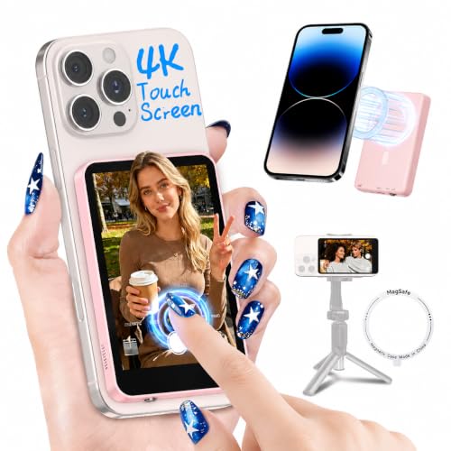 Moman Touchscreen Vlog Selfie Monitor Screen for iPhone, 4K 60fps & Encrypted Private P2P Wireless, Magnetic Back Camera Monitor, 164ft Range for TikTok, YouTube, Vlog Photo & Video Kits, Pearl Pink - color: Pearl Pink