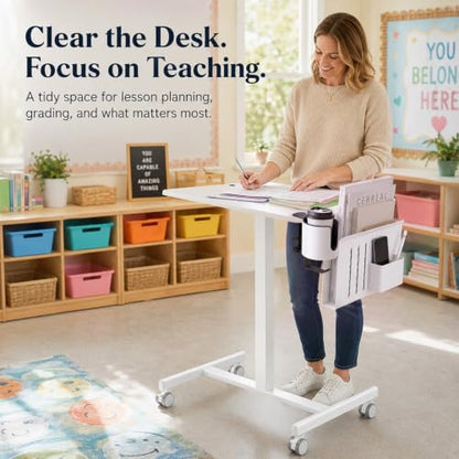 Roowest 2 Pcs Teacher Rolling Desk Accessories Cup Holder & Desk-side Storage Organizer Teacher Classroom Standing Desk Organizer White Laptop Holder with 2-layer Anti-spill Under Mug Hook, Heavy Duty
