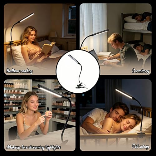 BUBBLE-FLY LED Clip on Reading Light, USB Desk Lamp with 32 LED Eye Protection, 360° Flexible Arm, Dimmable Clamp Light for Bed Headboard Home Office Study 7W Black
