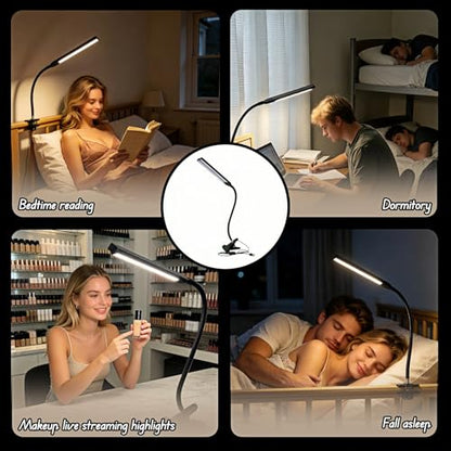 BUBBLE-FLY LED Clip on Reading Light, USB Desk Lamp with 32 LED Eye Protection, 360° Flexible Arm, Dimmable Clamp Light for Bed Headboard Home Office Study 7W Black