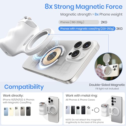 Magnetic Phone Camera Grip, Smartphone Shooting Holder Selfie Handle Snap with Wireless Shutter Button Remote for iPhone 16 15 14 13 12 Pro Max Android Cellphone Vlog Video Photography(White) - color: White