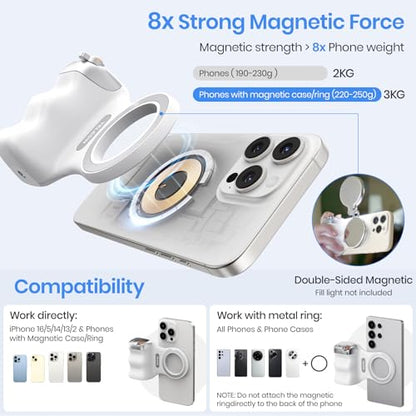 Magnetic Phone Camera Grip, Smartphone Shooting Holder Selfie Handle Snap with Wireless Shutter Button Remote for iPhone 16 15 14 13 12 Pro Max Android Cellphone Vlog Video Photography(White) - color: White