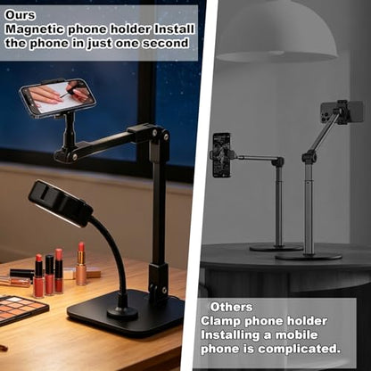 Overhead Phone Stand with Rechargeable Light, Adjustable Desk Smartphone Mount for Nail Art, Magnetic Holder for Cooking Videos, Content Creation, Filming, Live Streaming