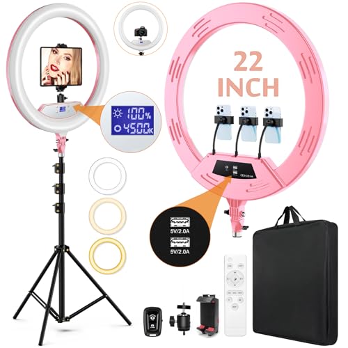 22"Ring Light with Stand,Ring Light Tripod for iPhone ipad,with 75"Tripod/LCD Display/4 ipad iPhone Clips/2 USB Ports,2600K-6500K Color Temperature,for Barber Makeup Tattoo TikTok Video Recording Vlog - color: Pink