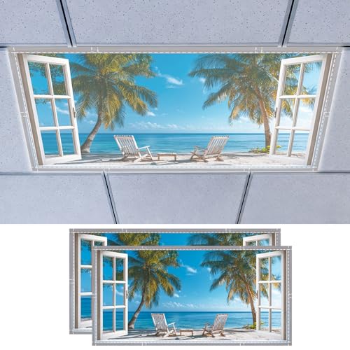 Nuxovilar 2 pack Light Covers Beach Window Scene Polyester 4x2 Feet Ceiling Light Cover Decor for Office Home Lounge - color: Mi07834-2pcs