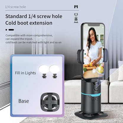 Auto Face Tracking Phone Stand, Desk Tripod Mount with 2 Fill Lights | 360 rotating holder follows you hands-free, gesture control, remote included, no app needed, fits iPhone and Android