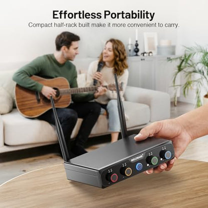MELONARE 4-Channel Wireless Microphone System, UHF Compact Cordless Mic Set w/ 4x10 Frequencies, 200ft Range, Dynamic Handheld Microphone for Singing, Karaoke, Church, DJ, Wedding (MWM-41-4H) - size: 4 Handheld Mics