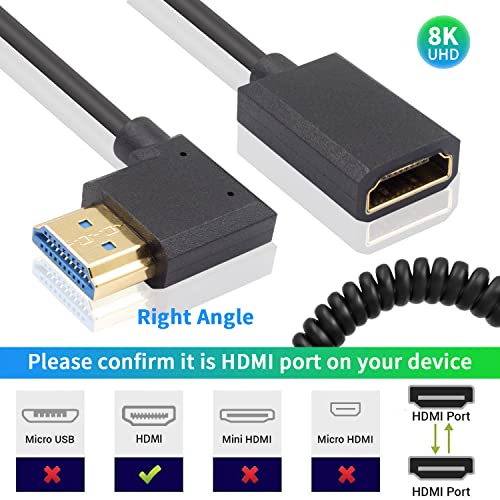 Duttek 8K HDMI Extender Cable, 48Gbps Right Angle HDMI Male to Female Coiled Cable, 1.2M, Compatible with MacBook Pro, PS5, Xbox Series X, Roku TV, UHD TV, Blu-ray - style: Right Angle HDMI Male to Female
