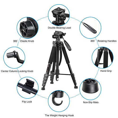 74’’ Camera Tripod,Heavy Duty Camera Stand Tripod,Cell Phone Tripod with Phone Holder, Professional Travel DSLR Tripods Compatible with DSLR Cameras,Cell Phones,Projector,Webcam(Black) - color: Black