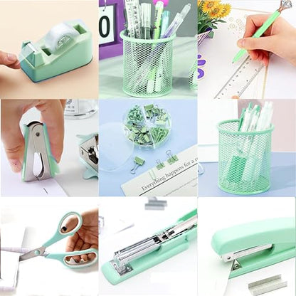 Green Office Supplies, Purple Desk Accessories, Stapler, Staple Remover, Tape Holder, Pen Holder, Ballpoint Pen, Scissor, Binder Clips, Paper Clips and 1000pcs Staples. - color: Green
