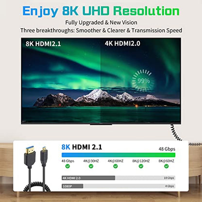 Duttek 8K Coiled Micro HDMI to HDMI Cable 1FT-4FT, 48Gbps HDMI to Micro HDMI 2.1 Cable Ultra Thin (8K@60Hz, 4K@240Hz) for Camera, Raspberry Pi 5 4, GoPro Hero, Cam Link Samsung G8,G9 and HDR Support - style: Micro HDMI to HDMI Male Coile Cable