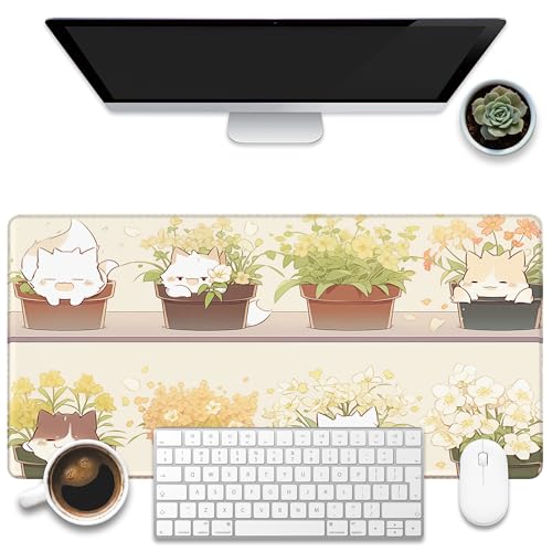 Desk Pad, Cute Cat Potted Plant Desk Mat, Anime Kawaii Cat Large Gaming Mouse Pad for Desk, 31.5"x15.7" Extended Big Computer Keyboard Mouse Pad with Non-Slip Base and Stitched Edge - color: Cute Cat Potted Plant