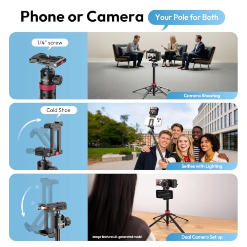 ULANZI 0.01s Auto Pop Open Phone Tripod with Remote, MT44B 59'' Selfie Stick Tripod w Dual Mount for Phone & Camera for Vlog/Live, Cell Phone Stand 360° Ball Head for iPhone Android Luna Pocket 4 - color: Black