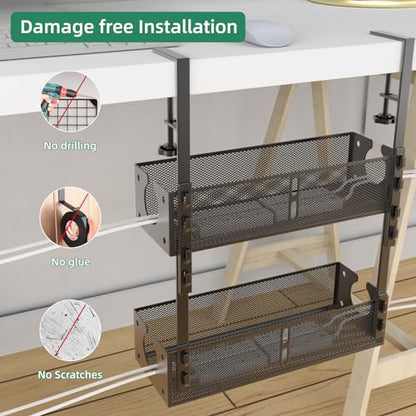 Multi-Model Under Desk Cable Management 2 Pack Metal Under Desk Wire Management Tray Clamp Mount Under Table Cord Management No Damage The Desk