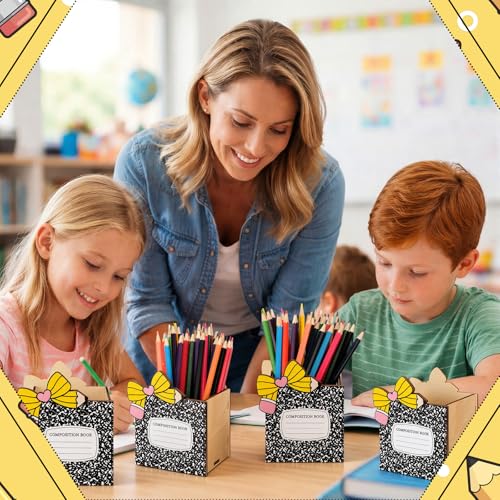 Zhehao 6 Pcs Wood Pencil Holder Pen Holder for Classroom Composition Book Bow Back to School Pencils Cup Wooden Dispenser Crayon Organizer for Teacher First Day School Gifts Office Desk - style: Composition Book