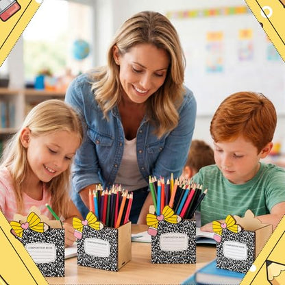 Zhehao 6 Pcs Wood Pencil Holder Pen Holder for Classroom Composition Book Bow Back to School Pencils Cup Wooden Dispenser Crayon Organizer for Teacher First Day School Gifts Office Desk - style: Composition Book