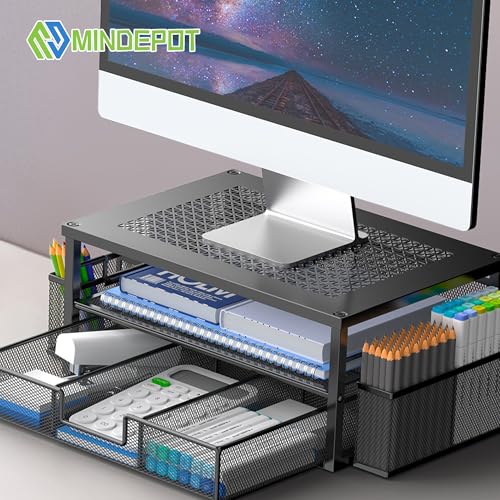 MINDEPOT 2 Tier Computer Monitor Stands with Drawer and 2 Pencil Holder, Metal Monitor Stand, Office Desk Accessories Workspace Desktop Organizers for Office Supplies, Black