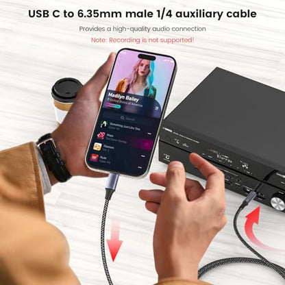 MOSWAG USB-C to 6.35mm 1/4" TRS Stereo Audio Adapter Cable 3.28FT/1M | Gold-Plated OFC Braided Cord for Smartphone,Pad,Laptop to Amp,Speaker,Headphone,Mixer(Playback Only,No Recording) - size: 3.28 ft