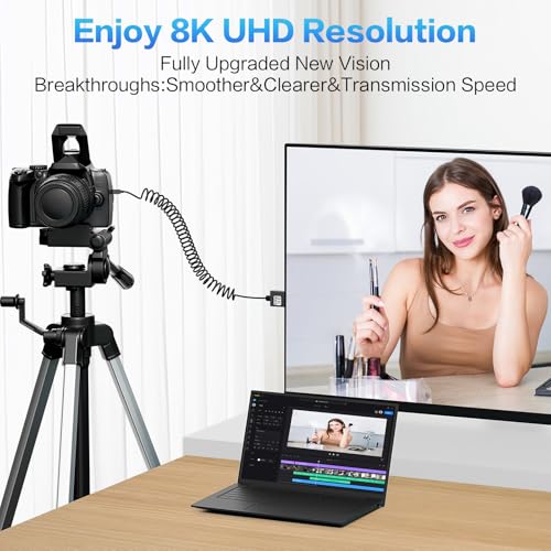 8K Micro HDMI to HDMI Coiled Cable 1-3FT, Male to Male HDMI to Micro HDMI Spiral Cord, Support 8K@60Hz and 4K@240Hz, Compatible with Laptops, Cameras, DSLRs, Camcorders, Portable Screens and Monitors