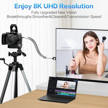 8K Micro HDMI to HDMI Coiled Cable 1-3FT, Male to Male HDMI to Micro HDMI Spiral Cord, Support 8K@60Hz and 4K@240Hz, Compatible with Laptops, Cameras, DSLRs, Camcorders, Portable Screens and Monitors