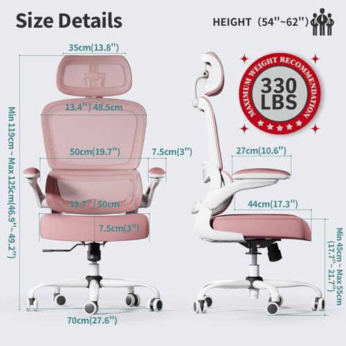 TRALT Office Chair Ergonomic Desk Chair, 330 LBS Home Mesh Office Desk Chairs with Wheels, Comfortable Gaming Chairs (1, Pink) - color: Pink