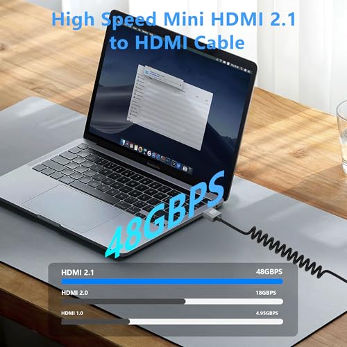 CERRXIAN 8K Mini HDMI to HDMI Cable, Ultra HD High Speed HDMI to Mini HDMI Coiled Cable 2.1 Support 8K 4K 3D and Dynamic HDR Up to 48Gbps, Compatible with TV, PC,Camera Monitors Projector ect 3FT/0.9M
