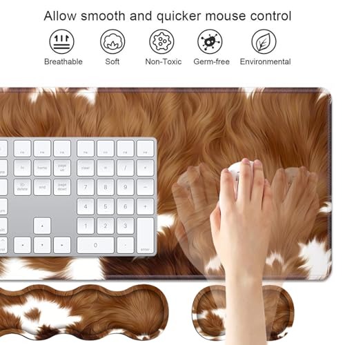 4 in 1 Ergonomic Keyboard Wrist Rest & Mouse Pad Wrist Rest Set, Large XXL Gaming Desk Mat 31.5"x 11.8" with Non-Slip Base, Memory Foam for Home Office Study Gaming, Brown Cow Print - color: Brown Cow Print