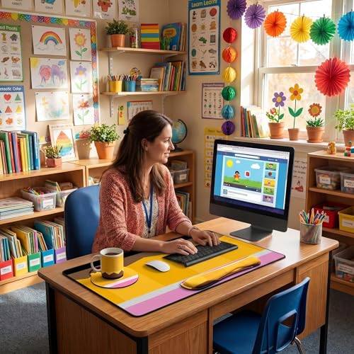 Kingdder Pencil Teacher Desk Mat Mouse Pad Set Include Large Desk Mat Pad with Wrist Rest Mouse Support, Keyboard Wrist Rest Coaster Back to School Classroom Teacher Appreciation Gift - style: Pencil