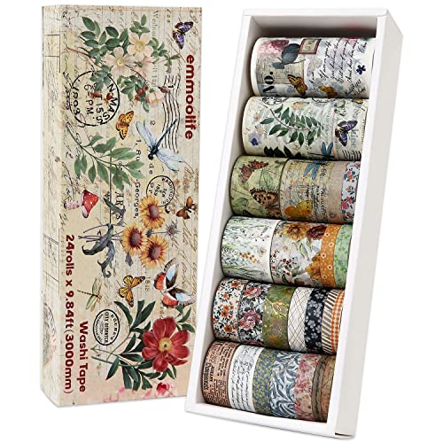 24 Rolls Vintage Washi Tape Set, Floral Letter Butterfly Mushroom Botanical Flower Writable Decorative Tapes for Scrapbooking , Junk Journal supplies, Bullet Journaling 5-75mm Wide 9.84ft long/Roll - style: Natural