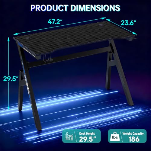 BestOffice | 47" Gaming Desk | Black & Blue | Carbon Fiber Textured Computer Desk | Sturdy Steel Frame,Cup Holder, Headphone Hook, Cable Management Holes, Adjustable Leg Pads | for Gamers,Home,Office - color: Black&blue, size: 47 Inch R Shaped