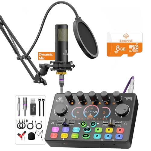 Podcast Equipment Bundle,5RGB Mixer with XLR-6.5mm interface,Dynamic Microphone, TF Card, Surround Sound, Suitable for Streaming/TikTok/YouTube, Compatible with Mobile Phones, PC,Camera RS2 - style: Audio interface+ 1 dynamic mic