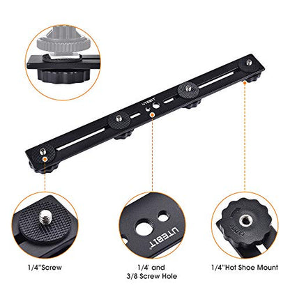 UTEBIT 11 inch Flash Bracket, Long Dual Camera Mount Flash Bracket Extension Bar with 1/4“ Hot Shoe, Straight Flash Brackets 1/4- 3/8 Thread Hole Tripod Mount for Camera/LED Light/Microphone - size: 11 inch Flash Bracket (Metal)