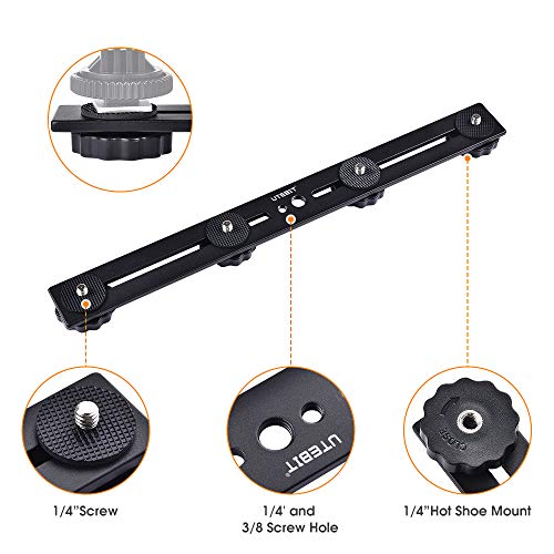 UTEBIT 11 inch Flash Bracket, Long Dual Camera Mount Flash Bracket Extension Bar with 1/4“ Hot Shoe, Straight Flash Brackets 1/4- 3/8 Thread Hole Tripod Mount for Camera/LED Light/Microphone - size: 11 inch Flash Bracket (Metal)