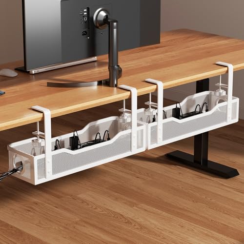 [Upgraded] 2 Pack Under Desk Cable Management Tray, Cinati Cord Organizers for Table Thickness up to 3", 16" Wire Organization with Clamp No Drill, Cable Management Box for Office - No Damage to Desk - color: White, size: 16"-2 Pack