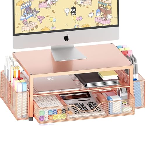OPNICE Desk Organizers and Accessories, 2-Tier Computer Monitor Stand with Drawer and 2 Pen Holders, Laptop Stand, Office Desk Accessories for Office Supplies, Rose Gold - color: Rose Gold 1-Pack, size: Single