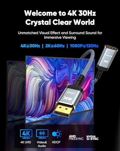 Highwings 4K Display Port to HDMI Adapter, Uni-Directional DP 1.2 Computer to HDMI 2.0 Screen, DisplayPort to HDMI Adapter (Male to Female), SR Anti-Break, No Latch, for Dell HP AMD NVIDIA, Passive - color: Grey, style: 4K 30Hz-1 Pack