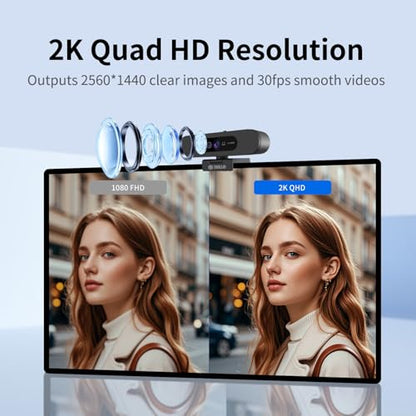 TOALLIN 2K QHD Webcam for Windows Hello Face Login, IR Facial Recognition Camera, USB Webcam with Microphone, 92° Wide Angle View, Computer Web Camera for Video Calls