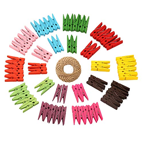 jijAcraft 100Pcs Clothespins with String, 1.4Inch Wooden Clothes Pins with 98Ft Jute Twine, 10 Colors Photo Clips, Small Baby Shower Decor Clips, Crafts Clothespins for Wedding, Birthday - color: 10 Color