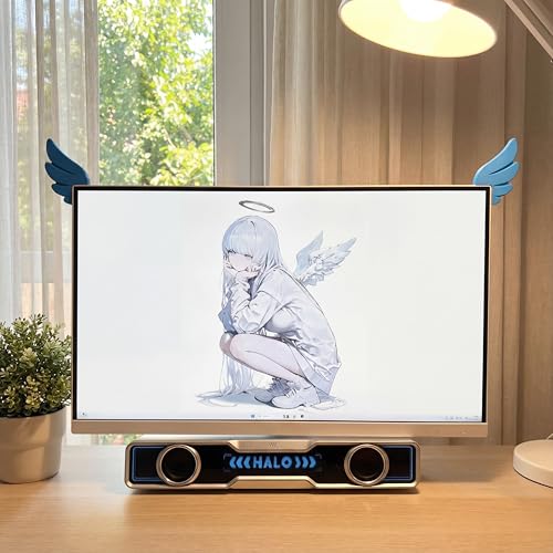 Kawaii Blue Angel Wings Monitor Decor - Aesthetic Gaming Setup Accessories for Gamers & Anime Lovers, Unique Self-Adhesive Computer Ornament (Left & Right Wings)