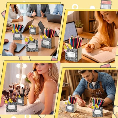 Zhehao 6 Pcs Wood Pencil Holder Pen Holder for Classroom Composition Book Bow Back to School Pencils Cup Wooden Dispenser Crayon Organizer for Teacher First Day School Gifts Office Desk - style: Composition Book