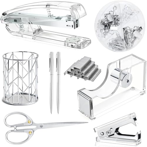 Office Desk Accessories，Office Supplies Set Acrylic Stapler Set Staple Remover, Tape Holder, Pen Holder, 2 Ballpoint Pen, Scissor, Binder Clips, Paper Clips and 1000pcs Staples(Silver) - color: Silver