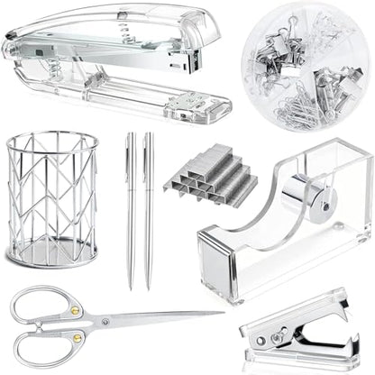 Office Desk Accessories，Office Supplies Set Acrylic Stapler Set Staple Remover, Tape Holder, Pen Holder, 2 Ballpoint Pen, Scissor, Binder Clips, Paper Clips and 1000pcs Staples(Silver) - color: Silver