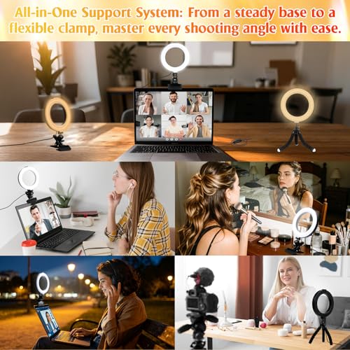 Clip on Ring Light for Laptop, TPQKA 16cm Video Conference Lighting Kit with 5 Color Temperatures & 5 Brightness Levels, Dimmable Webcam Light for Zoom Calls, Remote Working, Live Streaming