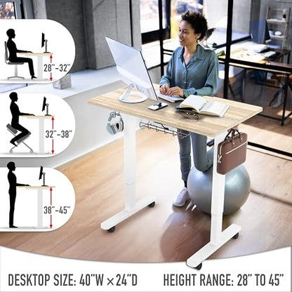 SHW 40-Inch Mobile Electric Height Adjustable Sit to Stand Desk with Drawer, Hanging Hooks and Cable Management, Maple - color: Maple